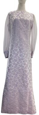 Vintage 60s Lavender Satin A-Line Maxi Dress Sheer Sleeve Women's Medium